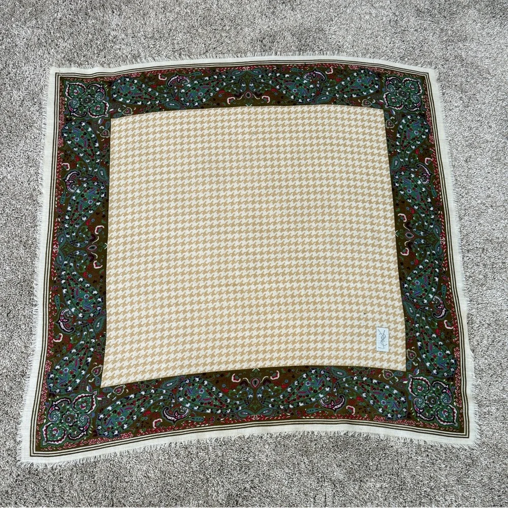 YSL Vintage Houndstooth Paisley Square Scarf Tan Cream Brown Green Red FLAWS